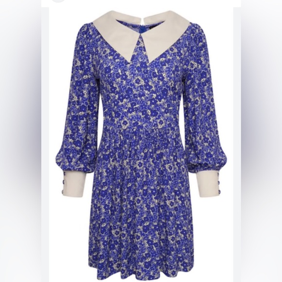COCO FENNELL BLUE DITSY FLORAL COLLAR VISCOSE CREPE MINI DRESS usa 10 - Picture 2 of 11